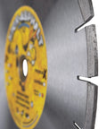 Close-up of Kick Asphalt 12 Inch Diamond Blade With Segmented Wedge Segments For Wet Or Dry Cutting Of Asphalt Green Concrete Masonry Block