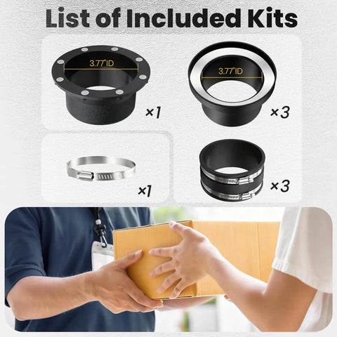 Heavy Duty 4 Inch Magnetic Dust Collection Connector Kit Featuring Rock Solid Neodymium Magnets showing included parts and sizes.