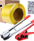 Heavy Duty Banding Strapping Kit With Tensioner And Sealer Tool All In One Pro Grade Half Inch 3500 Feet Polypropylene Strapping 300 Metal Seals Great For Pallets Logistics And Warehouse Use Red, shown with yellow polypropylene strap and metal seals.