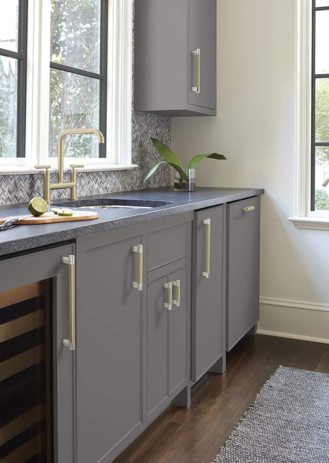Contemporary Polished Nickel And Golden Champagne Cabinet Knob For Cabinets And Furniture, Esquire Series visible on kitchen cabinets.