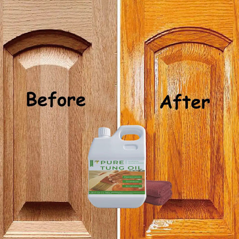 128 Oz Pure Tung Oil For Wood Finishing And Sealing Waterproof And Food Safe shown in before and after wood finish results