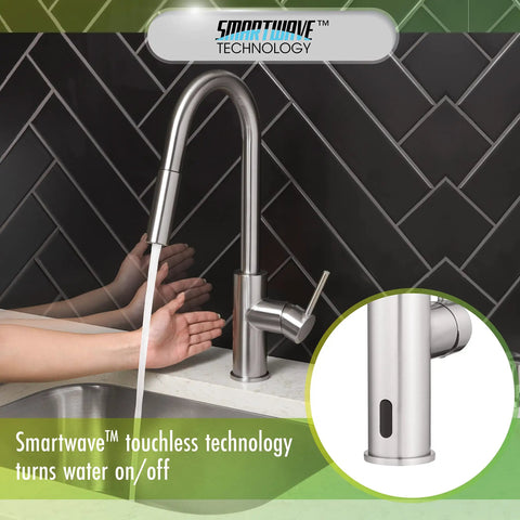Touchless Kitchen Faucet With Pull Down Sprayer Motion Sensor High Arc Spout in stainless steel at a sink, hands activating sensor