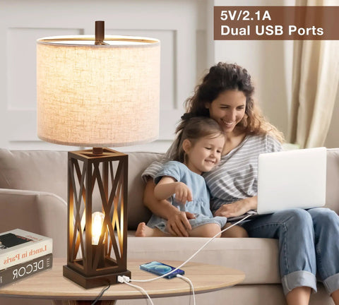 Set Of 2 Modern Bedside Lamps With Rustic Touch Control 3 Way Dimmable Lower Light And Dual USB Ports shown in living room.