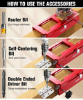 How to use Essential Door Hinge Jig And Lock Installation Kit accessories with router, self-centering, and driver bits.