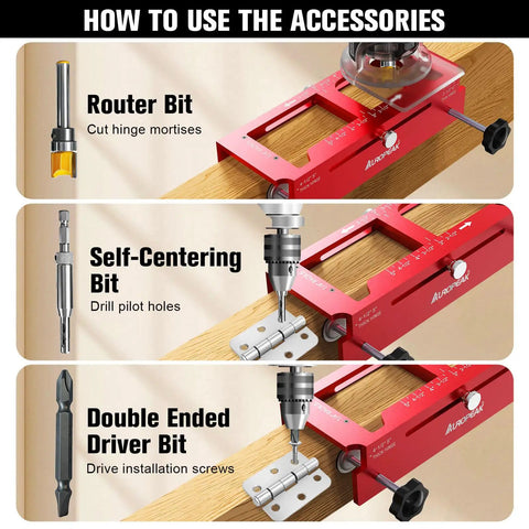 How to use Essential Door Hinge Jig And Lock Installation Kit accessories with router, self-centering, and driver bits.