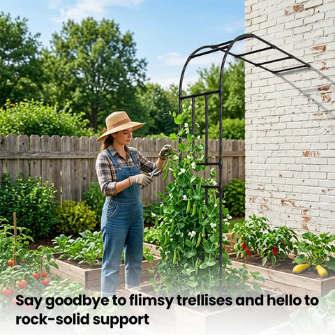Person gardening with Half Garden Arch Trellis For Climbing Plants Outdoor, Wall Mounted Beefy Black Metal Arbor on brick wall.