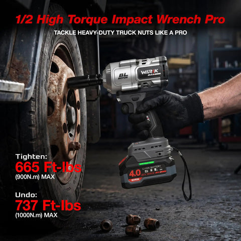 Badass 21V Cordless Impact Wrench With Brushless Motor Offers Killer Torque Up To 737 Foot Pounds To Crush Rusted Lug Nuts And Stubborn Bolts Like A Pro Without Any Sweat On Daily Auto Work Or Heavy Garage Projects in action at a truck wheel.