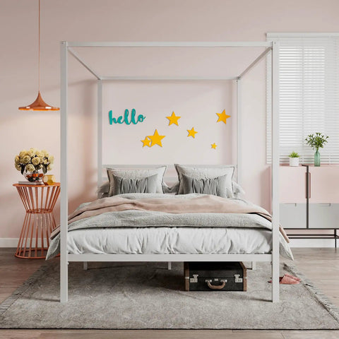 Full Size Canopy Bed Frame with Heavy Duty Metal Slats in White Four-Poster Style with bedding and pastel decor in a cozy bedroom.