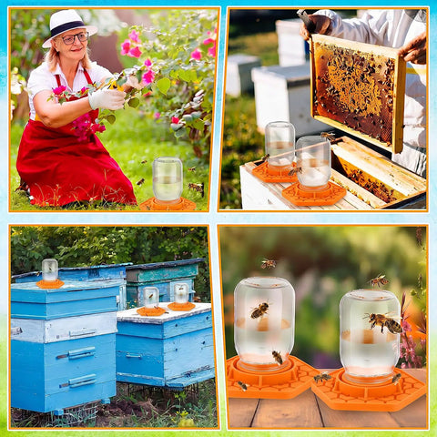 8 Pack Silicone Bee Feeder for Mason Jars Watering Station Beekeeping Drinking Equipment with Orange Hexagon Design in use