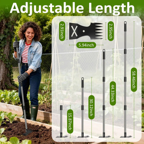 Long Handle 2 In 1 Weed Remover Tool With Adjustable Length shown being used in garden