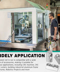 M5 T-nuts banner in an industrial workshop; technician stands beside a CNC milling machine.