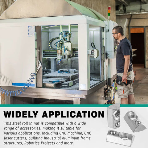 M5 T-nuts banner in an industrial workshop; technician stands beside a CNC milling machine.