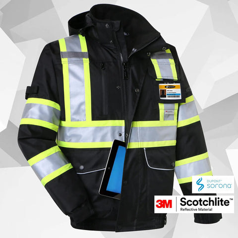 Hi Vis Waterproof Winter Bomber Jacket With Ten Pockets, 3M Reflective Strips, Secure Tablet Pocket, Detachable Hood, Black Color