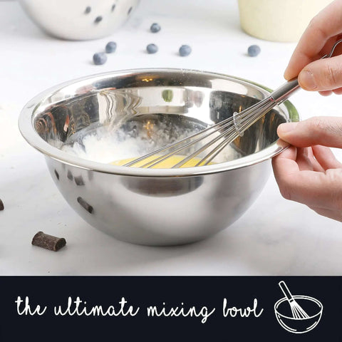 Stainless Steel Meal Prep Mixing Bowls Set for Real Kitchen Pros, hand whisking in deep bowl, BPA free, rust resistant