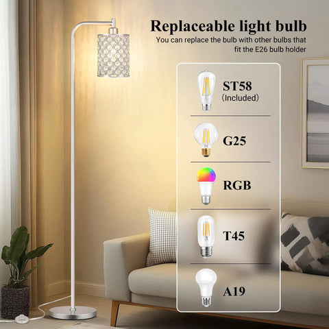 Industrial Floor Lamp For Living Room With HD Glass Lampshade And Pedal Switch, 67 Inch Tall Standing Lamp in black shown beside sofa, demonstrates replaceable bulb options.