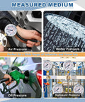 Six-piece glycerin-filled pressure gauge set for air, water, oil and hydraulic tests; 2.5 inch dial, brass lower mount.