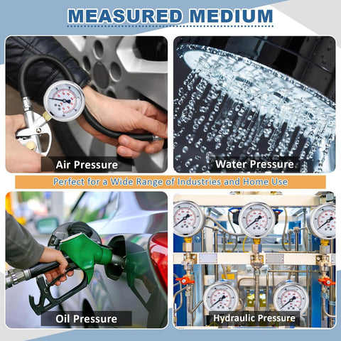 Six-piece glycerin-filled pressure gauge set for air, water, oil and hydraulic tests; 2.5 inch dial, brass lower mount.