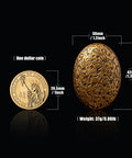 Comparison of Six Pack Zinc Alloy Drawer Knobs In Big Oval Antique Brass Finish next to a one dollar coin, showing size dimensions.