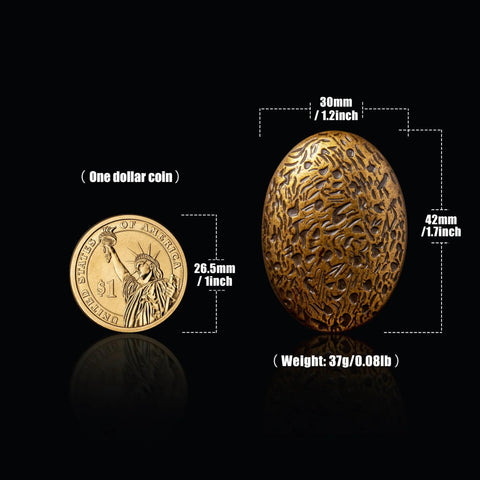 Comparison of Six Pack Zinc Alloy Drawer Knobs In Big Oval Antique Brass Finish next to a one dollar coin, showing size dimensions.