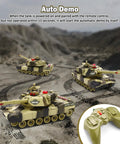 1:28 Scale RC Battle Tank for Kids 6 to 12 with realistic lights and sounds, shown on a rugged terrain with 2.4GHz remote control.