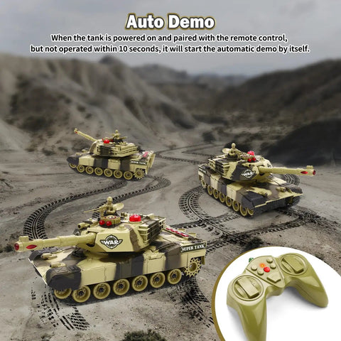 1:28 Scale RC Battle Tank for Kids 6 to 12 with realistic lights and sounds, shown on a rugged terrain with 2.4GHz remote control.