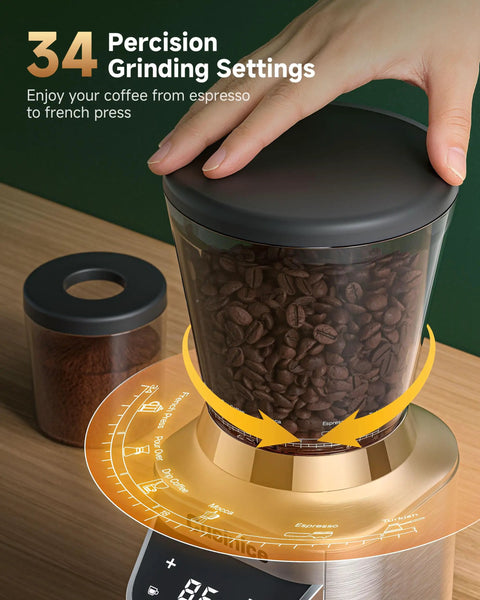 Ditch The Clutter And Ditch The Static With This Sharp Conical Burr Coffee Grinder Rocking A Bold 40Mm Stainless Steel Core And Thirty Four Dial Tweaks to adjust grind size.