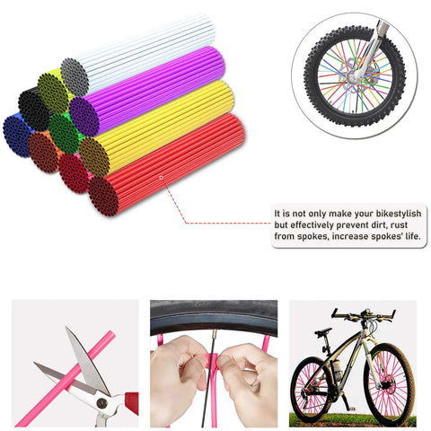 72Pcs Spoke Skins Wraps Set For 19 To 21 Inch Wheels Universal Fit For Motorcycle Bicycle Dirt Bike Wheelchair Sky Blue Spoke Covers And Wheel Decoration Dope Look Lightweight Durable Vinyl Protection shown with colorful options.