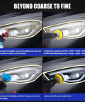 Headlight restoration kit with 3-inch sanding discs, yellow buffing pad, blue sponge, and drill attachment.