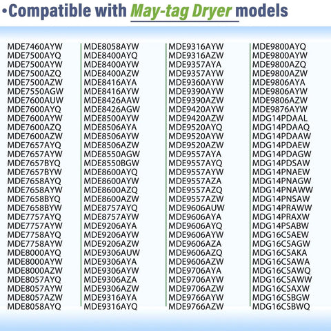 Image listing compatible models for the Must Have Dryer Repair Kit For Neptune 3000 5000 9000 Series Includes Drum Roller Kit Idler Pulley Tumbler Bearings And 91 5/8 Inch Drum Belt For MDE5500AYW MDE9206AYW MDE6000AYW MDE9306AYW MDE9706AYW MDE9606AYW.