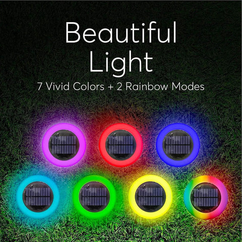 Colorize Colorful Pathway Solar Lights Set Of 6 displayed in vivid colors on grass, showcasing 7 color options and 2 rainbow modes.