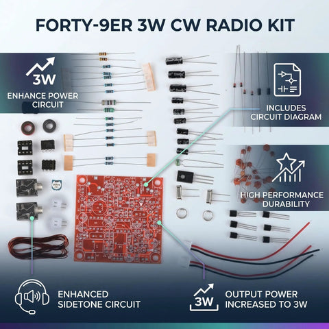 Rad Forty Nineer 3W CW Shortwave Transmitter Receiver Kit components layout with circuit board and electronic parts