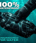 Underwater Waterproof Fanny Pack For Phones And Gear submerged with gloved hand, showing 100% waterproof in aquamarine setting.