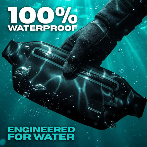 Underwater Waterproof Fanny Pack For Phones And Gear submerged with gloved hand, showing 100% waterproof in aquamarine setting.