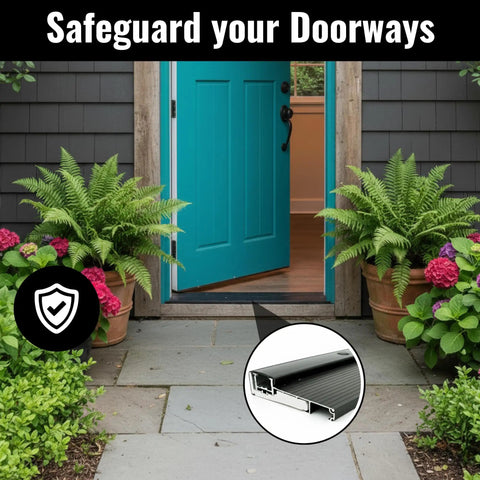 Heavy Duty Adjustable Aluminum Threshold For Secure Exterior Doors Commercial Or Residential Drip Free Black Finish 36 Inch Wide close up view