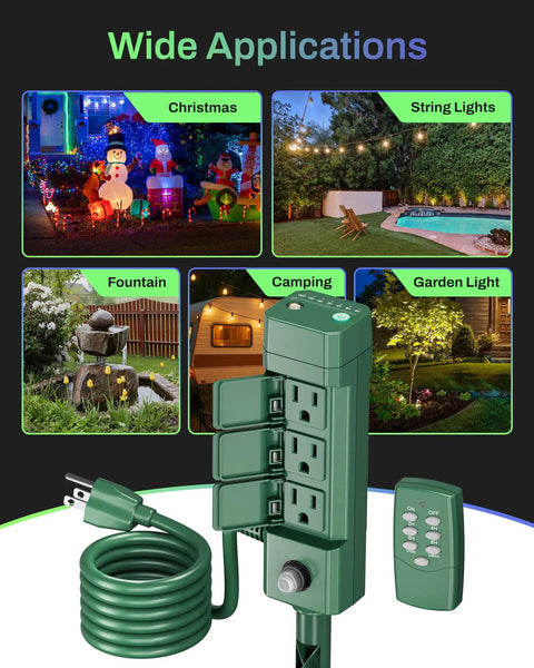 Outdoor Power Stake Timer With Six Outlets, 100 Feet Wireless Remote, Dusk To Dawn Sensor for Outdoor Lighting, garden use
