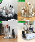 Real Deal Slick Spin 360 Round Rotating Makeup Organizer Clear Acrylic Lazy Susan Cosmetic Storage Tray in different settings.