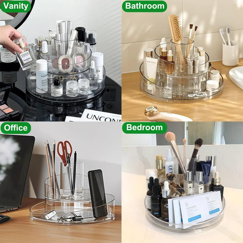 Real Deal Slick Spin 360 Round Rotating Makeup Organizer Clear Acrylic Lazy Susan Cosmetic Storage Tray in different settings.
