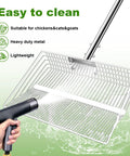 Large Chicken Poop Scooper With Stainless Steel Handle shown being cleaned with a hose, featuring dual slot widths and a heavy-duty design.