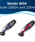 Two BISSELL Pet Hair Eraser handheld vacuums in purple and red.