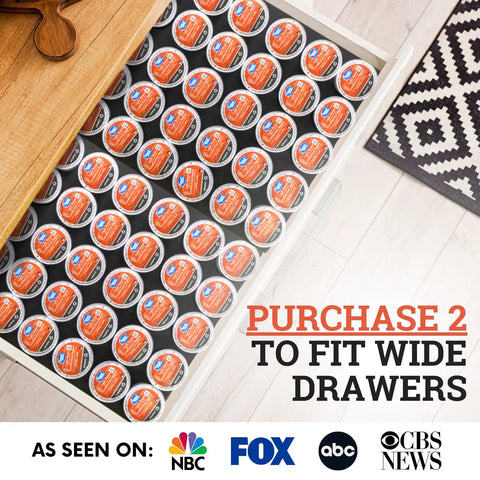 40 Pod K Cup Drawer Organizer for Kitchen Drawers filled with coffee pods, shown in a partially open wooden drawer.