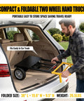 Heavy Duty Folding Hand Truck Wheeled Dolly Cart With Rugged Alloy Steel Frame Eight Hundred Lb Capacity Smooth Rolling Two Wheel Hauler in a car trunk.