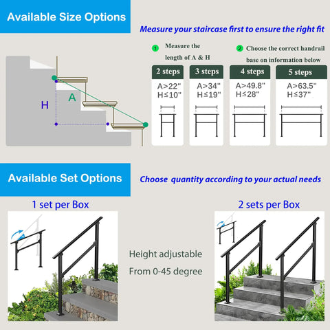 Size and set options for 2 Pack Adjustable Outdoor Handrails for 3 to 4 Step Stairs Black Indoor Outdoor Stair Railing Kit
