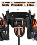 Carpenter Tool Belt With Suspenders 39 Pockets Padded 4 Inch Belt Kit, 10 In 1 Set With Hammer Holster, Nail Bags