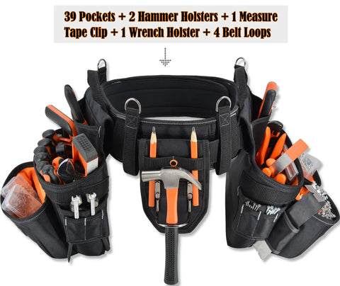 Carpenter Tool Belt With Suspenders 39 Pockets Padded 4 Inch Belt Kit, 10 In 1 Set With Hammer Holster, Nail Bags