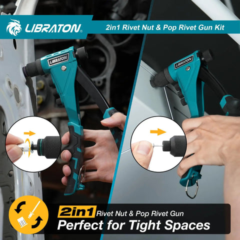Two In One Rivet Nut And Pop Rivet Gun Kit With Eight Mandrels for metal fastening in tight spaces