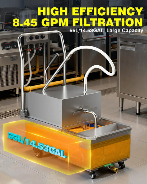 Top-Notch Commercial Fryer Filter Machine 55L 14.5 Gallon Capacity with high efficiency 8.45 GPM filtration and stainless steel design.