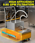Heavy Duty Portable Fryer Oil Filter Machine With Sleek Stainless Build 14.5 Gallon Capacity high efficiency 8.45 GPM filtration.