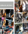 Multiple angles of 110V Portable Line Boring And Welding Machine Kit With 220V 100T Pressing Sleeve and chain dismantling tool in use