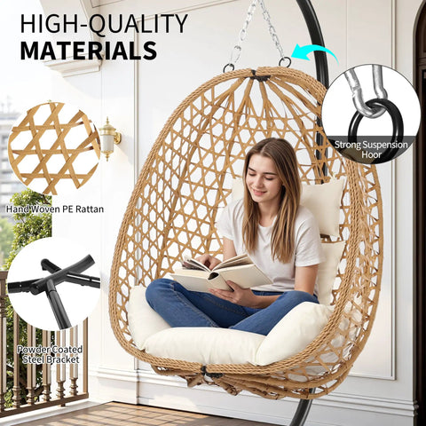 Woman sitting in Egg Chair With Stand Outdoor Patio Wicker Hanging Chair Hammock Swing Seat Cozy Ergonomic Design With Thick Cushion 350 Lbs Capacity For Bedroom Balcony Garden Easy Assembly For Relaxing And Lounging.