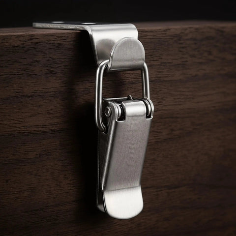 Image of 4 Pack 90 Degree Toggle Latches With 16 Stainless Screws for Tool Boxes Cabinets and Storage Chests shown on wood surface